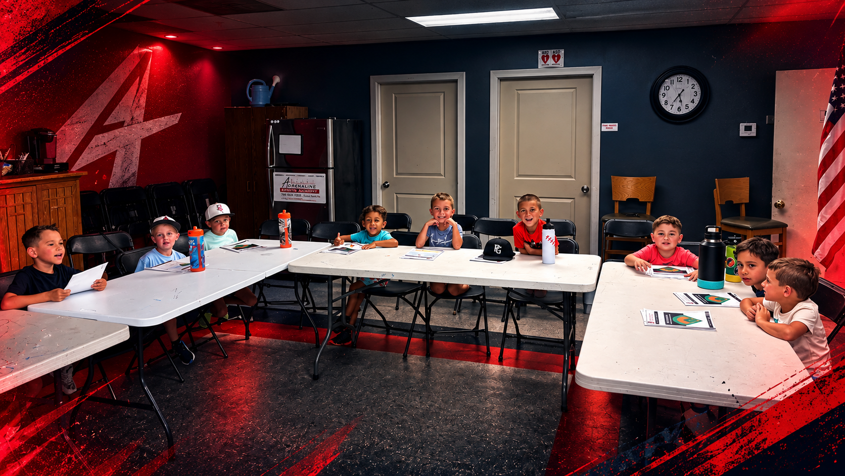Young baseball players learning baseball IQ in a classroom