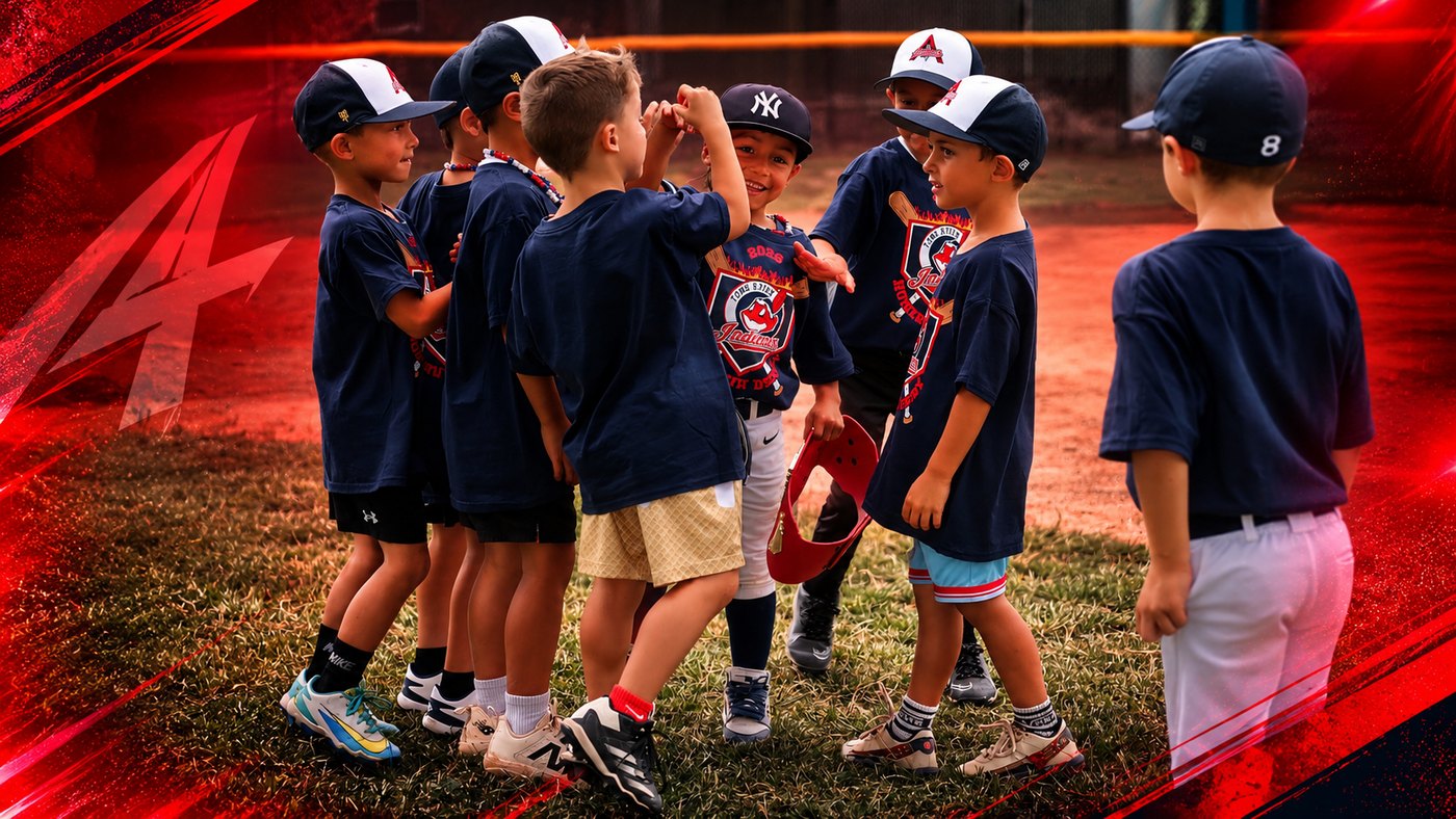 Young baseball players gathered in a team huddle